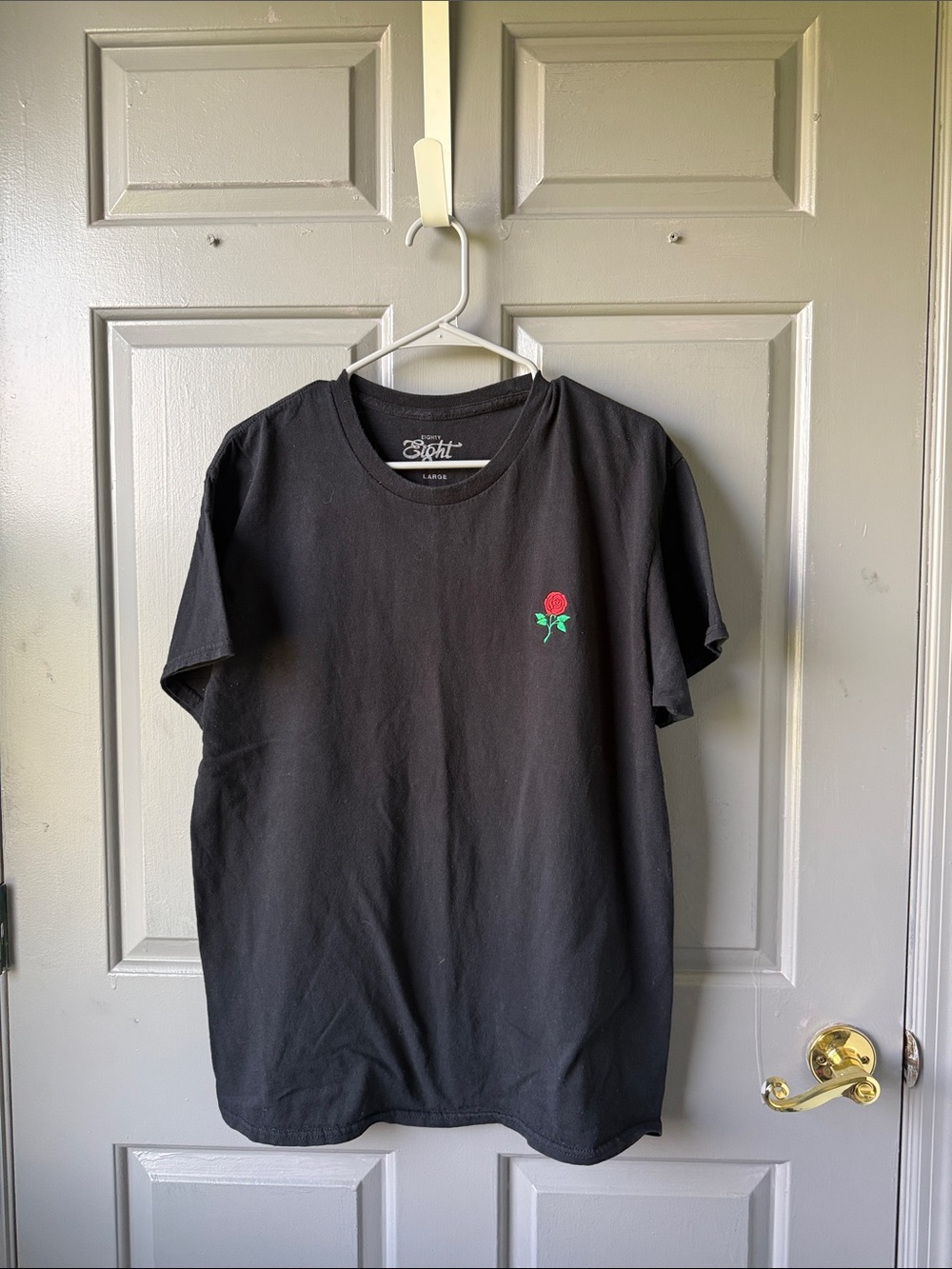 Eighty Eight Black Tee with Small Red Rose Embroidery